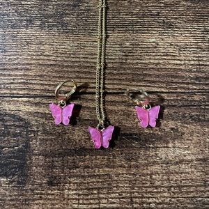 Fuchsia butterfly earrings and necklace set